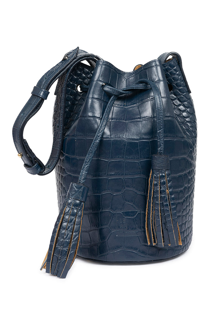 Bolso tipo mini bucket grabado en coco color azul Leandra. Mini saco de piel Leandra imagen frontal