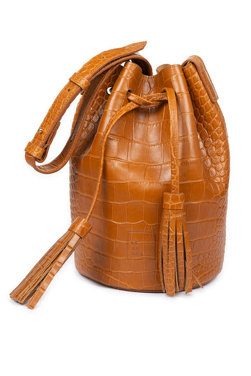 Mini bucket bag marrón grabado en coco soft Leandra | Bolsos piel made in Spain Leandra. Imagen frontal